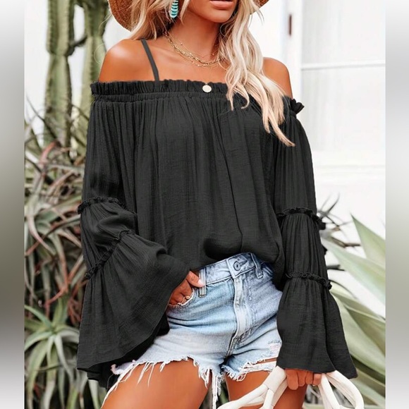 Boho Off Shoulder Flare Long Sleeve Top Blouse Shirt Black - Picture 1 of 16